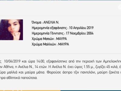 Εξαφάνιση Αναζήτηση Ατόμων: Εξαφάνιση Ανηλίκων- Αμπελόκηποι ξαφανίστηκε από την περιοχή των Αμπελοκήπων στην Αθήνα, η Ανέλια Ν., 14 ετών